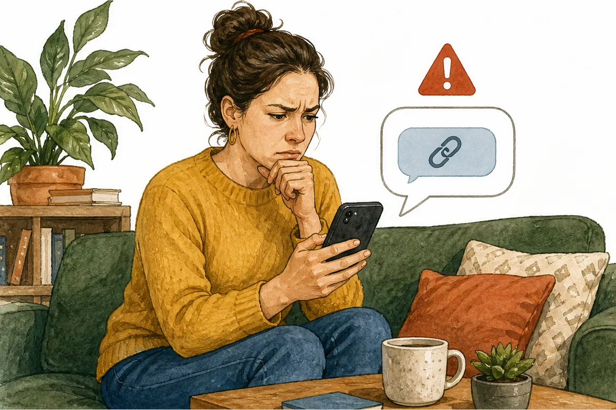 Eine Frau schaut skeptisch auf ihr Handy, über der Nachricht ein Warnsymbol.